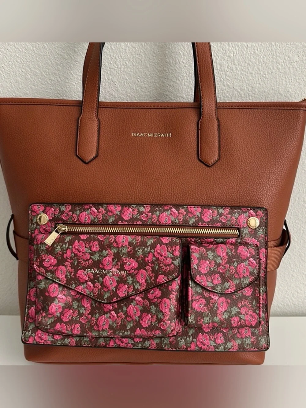Isaac Mizrahi Brown Tote with Pink Floral Front Pockets